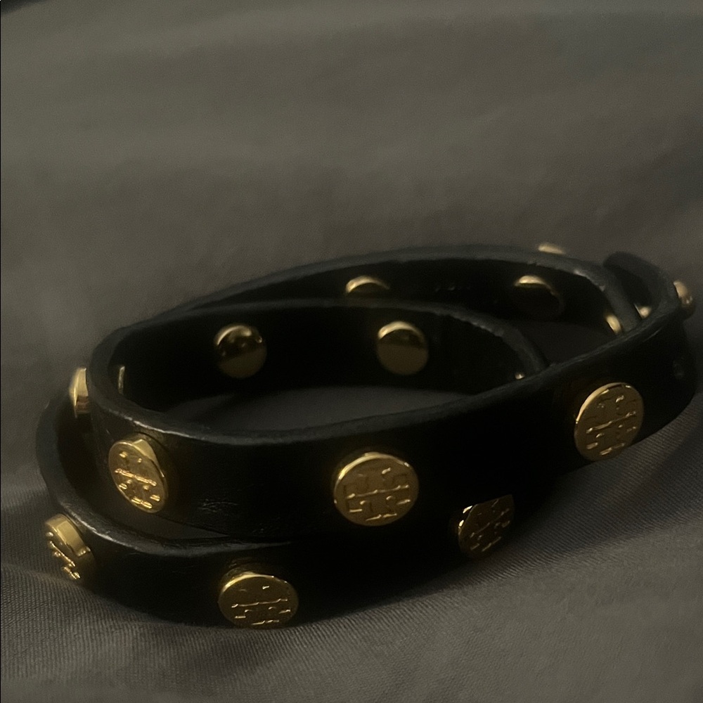 Tory Burch Black Leather Wrap Bracelet with Gold Studs